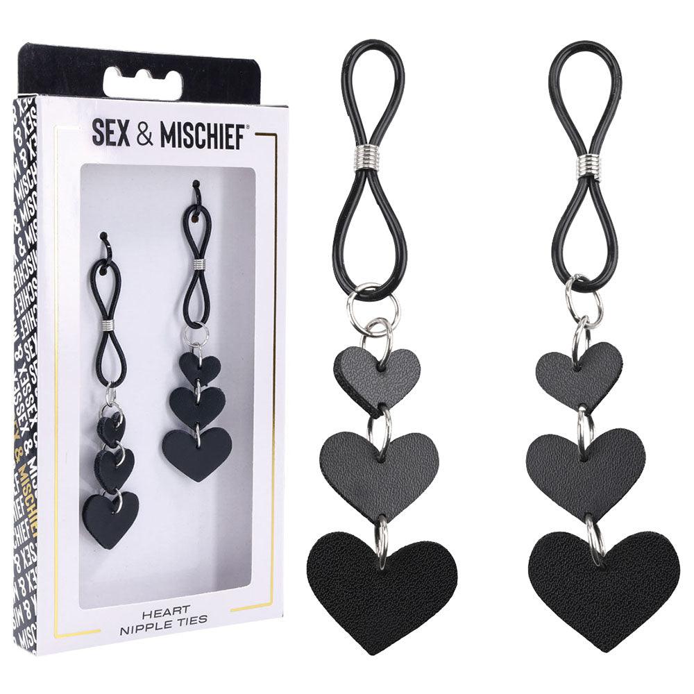 Sex & Mischief Heart Nipple Ties - Black Nipple Restraints - Set of 2 - SS09857