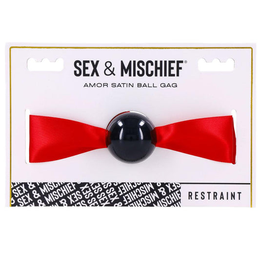 Sex & Mischief Amor Satin Ball Gag - Red/Black Mouth Restraint - SS09957