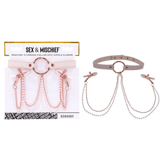 Sex & Mischief Peaches n CreaMe Collar with Nipple Clamps - Peach Nipple Restraints - SS09963