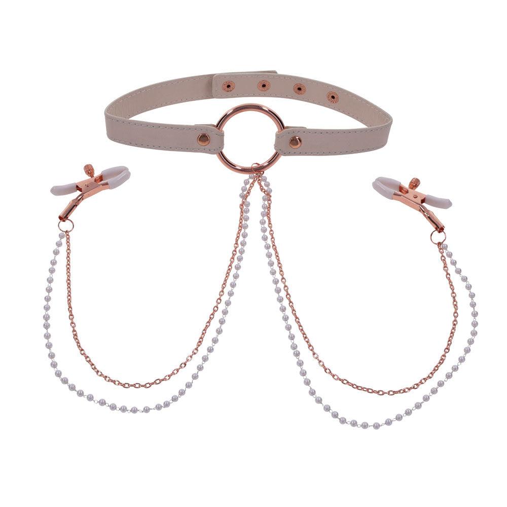 Sex & Mischief Peaches n CreaMe Collar with Nipple Clamps - Peach Nipple Restraints - SS09963