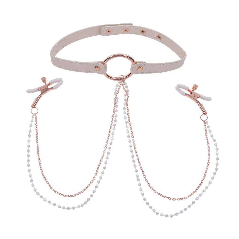 Sex & Mischief Peaches n CreaMe Collar with Nipple Clamps - Peach Nipple Restraints - SS09963