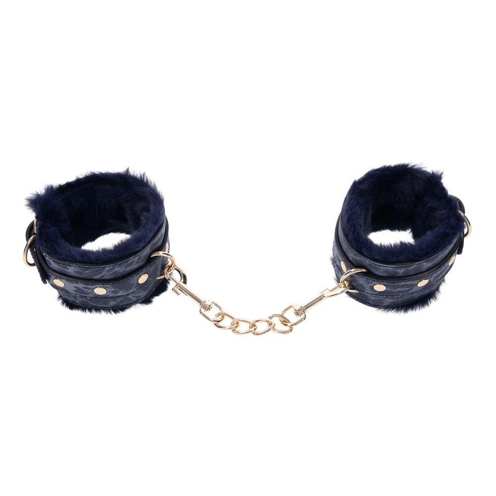 Sex & Mischief Cougar Fur Handcuffs - Navy Blue/Gold Furry Restraints - SS09971