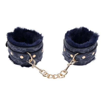 Sex & Mischief Cougar Fur Handcuffs - Navy Blue/Gold Furry Restraints - SS09971