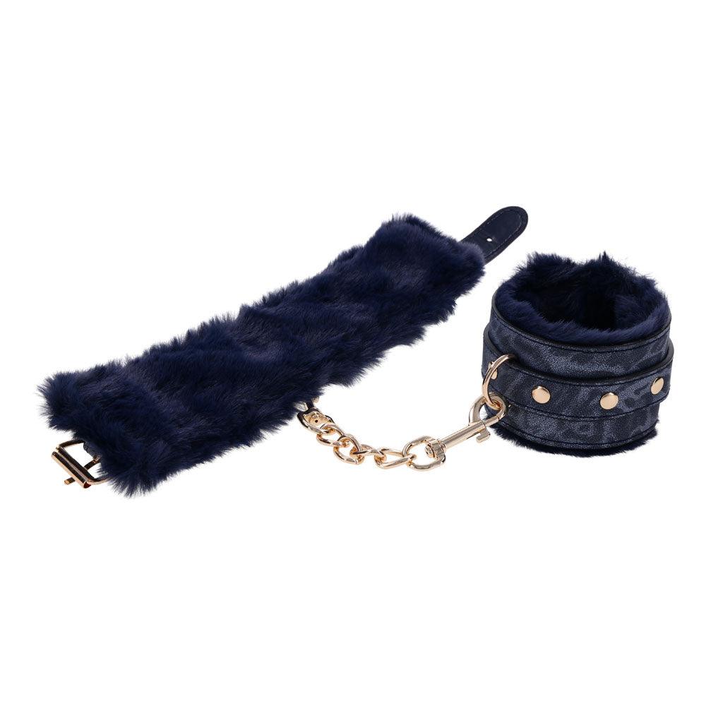 Sex & Mischief Cougar Fur Handcuffs - Navy Blue/Gold Furry Restraints - SS09971