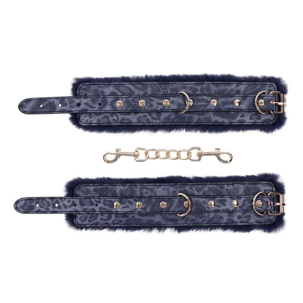 Sex & Mischief Cougar Fur Handcuffs - Navy Blue/Gold Furry Restraints - SS09971