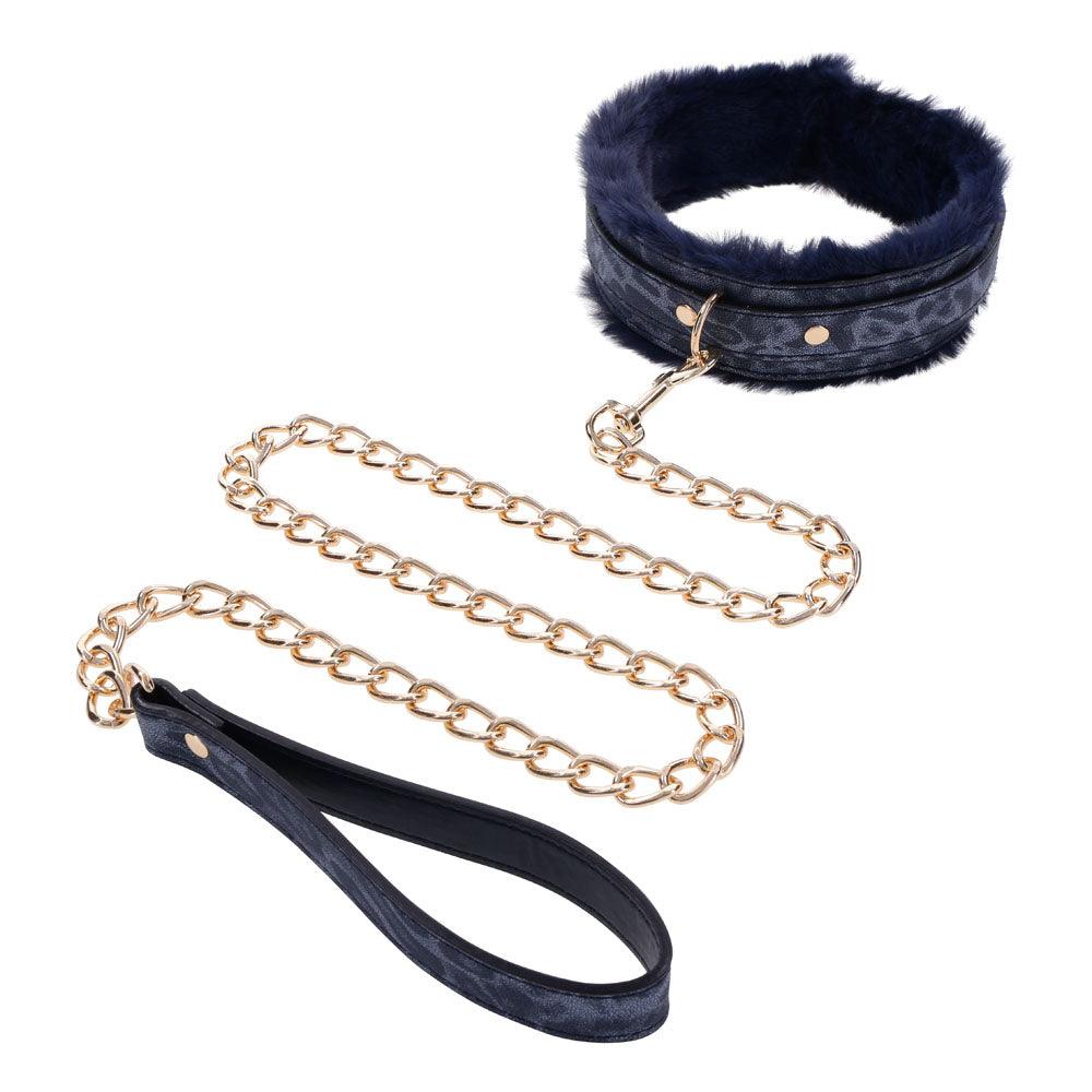 Sex & Mischief Cougar Fur Collar & Leash - Navy Blue/Gold Furry Restraint - SS09972