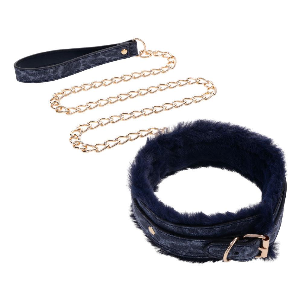 Sex & Mischief Cougar Fur Collar & Leash - Navy Blue/Gold Furry Restraint - SS09972