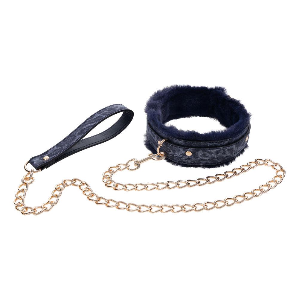 Sex & Mischief Cougar Fur Collar & Leash - Navy Blue/Gold Furry Restraint - SS09972