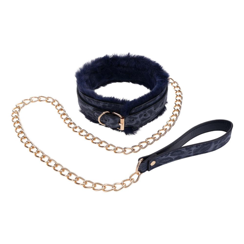 Sex & Mischief Cougar Fur Collar & Leash - Navy Blue/Gold Furry Restraint - SS09972