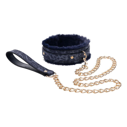 Sex & Mischief Cougar Fur Collar & Leash - Navy Blue/Gold Furry Restraint - SS09972