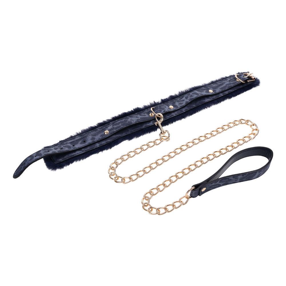 Sex & Mischief Cougar Fur Collar & Leash - Navy Blue/Gold Furry Restraint - SS09972