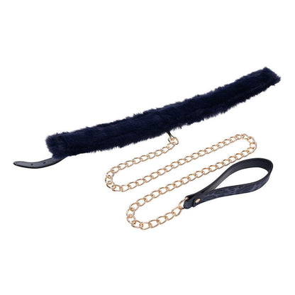 Sex & Mischief Cougar Fur Collar & Leash - Navy Blue/Gold Furry Restraint - SS09972