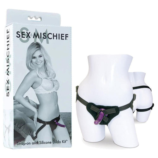 Sex & Mischief Strap-On & Silicone Dildo Kit - Black/Purple Adjustable Strap-On - SS10065