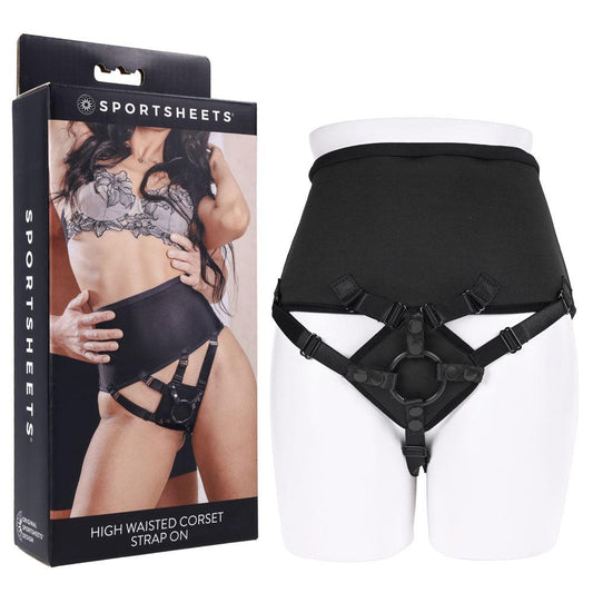 SPORTSHEETS High Waisted Corset Strap On - Black Adjustable Strap-On Harness (No Probe Included) - SS31006