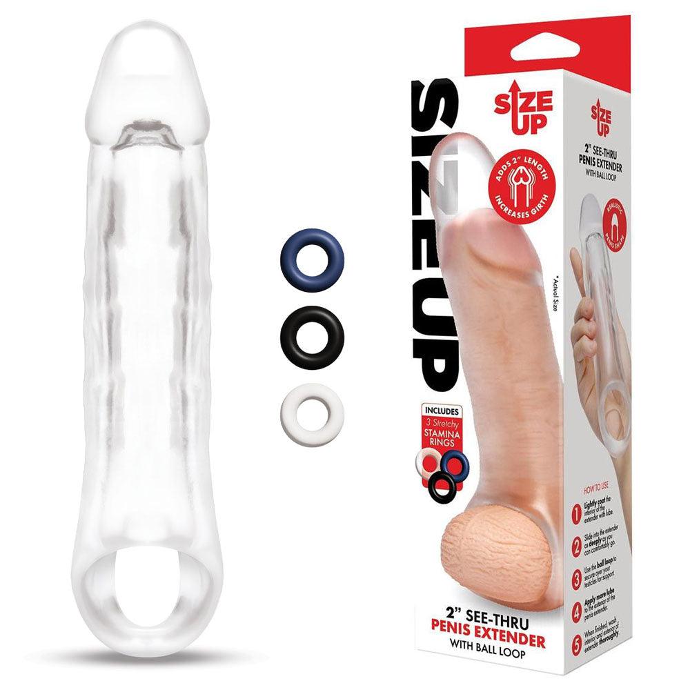 Size Up 2 Inch See-Thru Penis Extender with Ball Loop - Clear 5 cm (2'') Penis Extension Sleeve - SU402