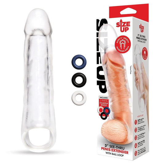 Size Up 3 Inch See-Thru Penis Extender with Ball Loop - Clear 7.6 cm (3'') Penis Extension Sleeve - SU404