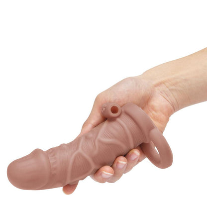 Size Up Vibrating 1 Inch Penis Extender + Ball Loop - Tan 2.5 cm (1'') Vibrating Penis Extension Sleeve - SU409