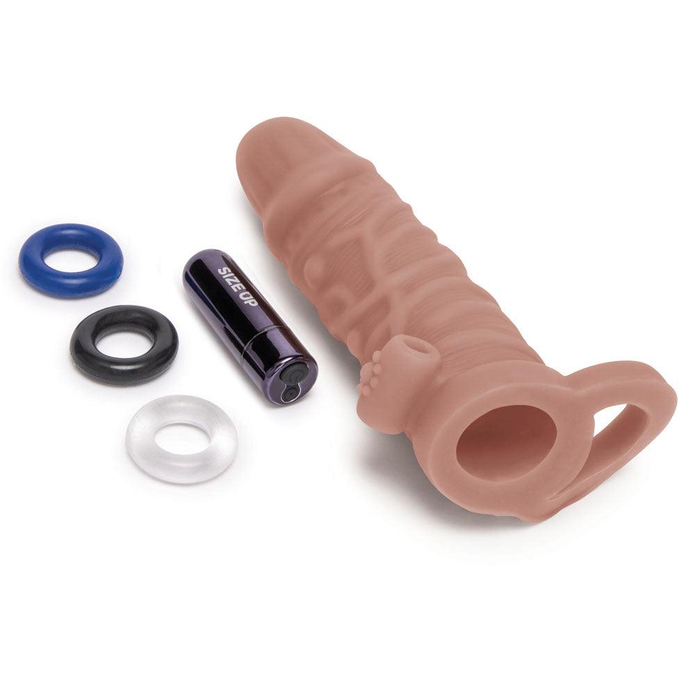 Size Up Vibrating 1 Inch Penis Extender + Ball Loop - Tan 2.5 cm (1'') Vibrating Penis Extension Sleeve - SU409