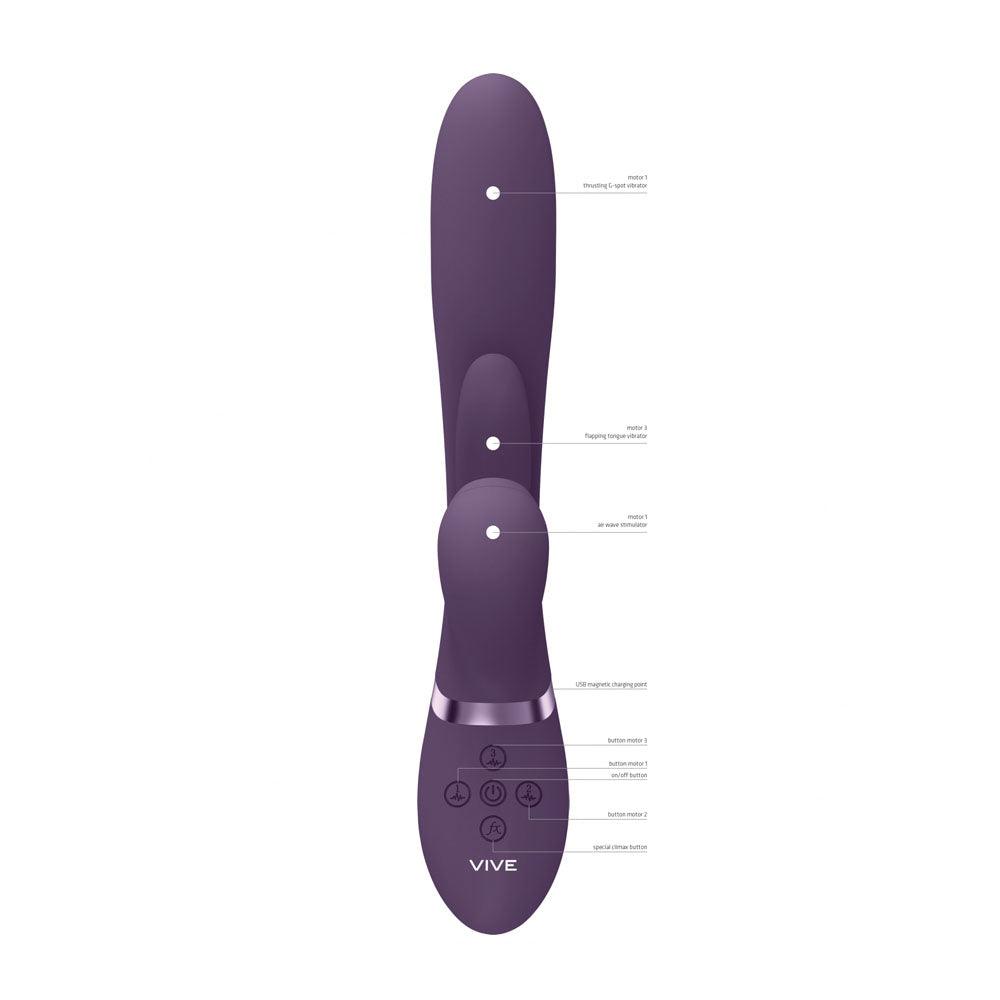 VIVE Ena - Purple - Purple 25 cm USB Rechargeable Thrusting Vibrator with Air Wave Stimulator - VIVE051PUR