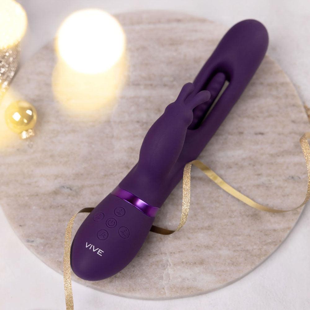 VIVE Mika - Purple - Purple 23.2 cm USB Rechargeable Rabbit Vibrator with Flapping Shaft - VIVE057PUR