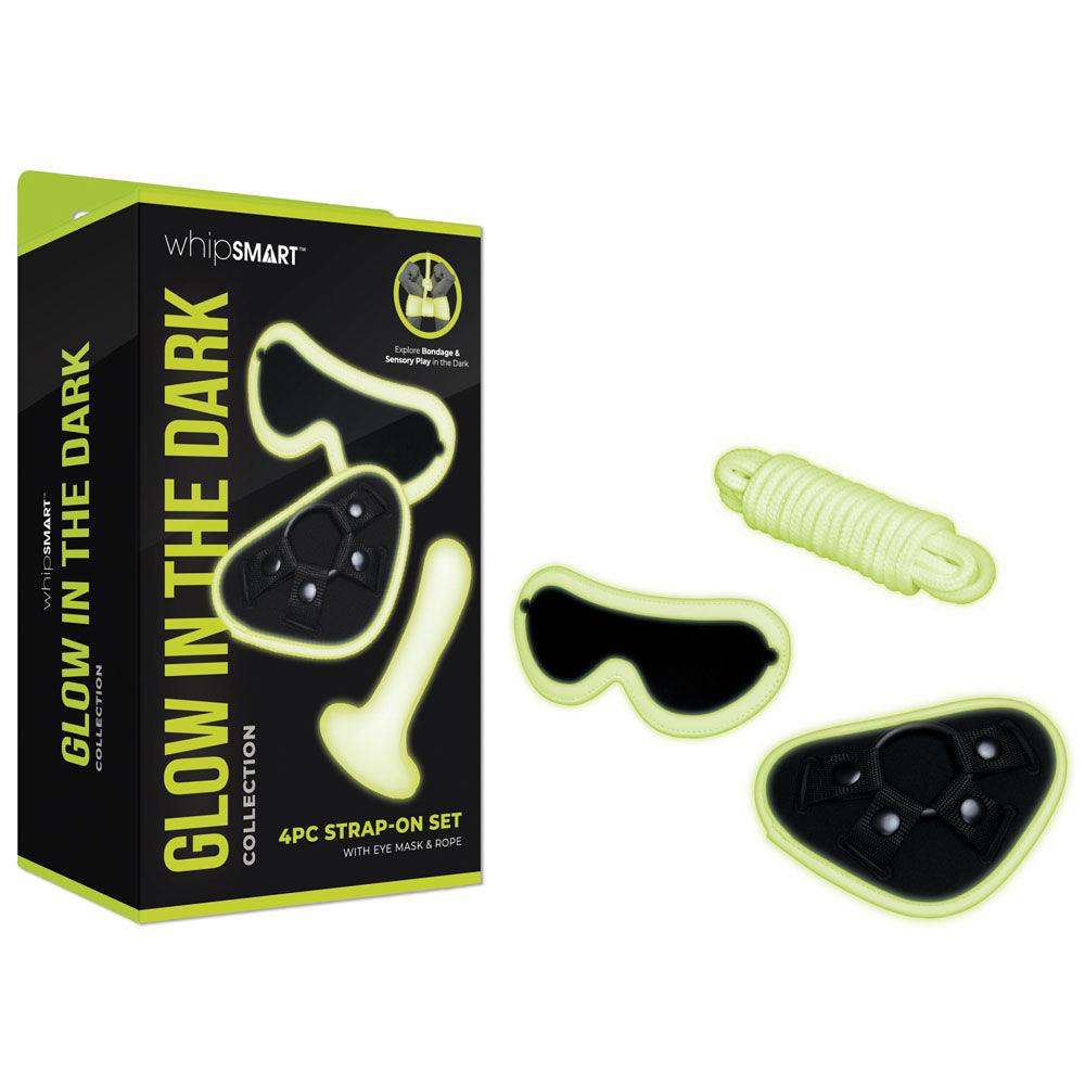 WhipSmart Glow In The Dark 4pc Strap-On Set - Glow in Dark 15.2 cm Strap-On with Eye Mask & Rope - WS1046