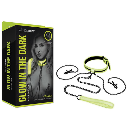 WhipSmart Glow In The Dark Collar with Nipple Clips & Leash - Glow in Dark Restraint - WS1050