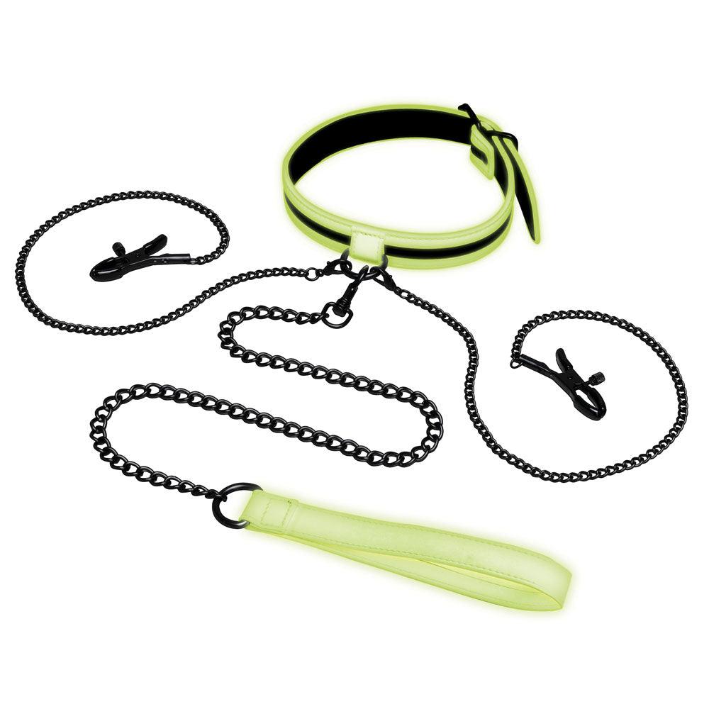 WhipSmart Glow In The Dark Collar with Nipple Clips & Leash - Glow in Dark Restraint - WS1050