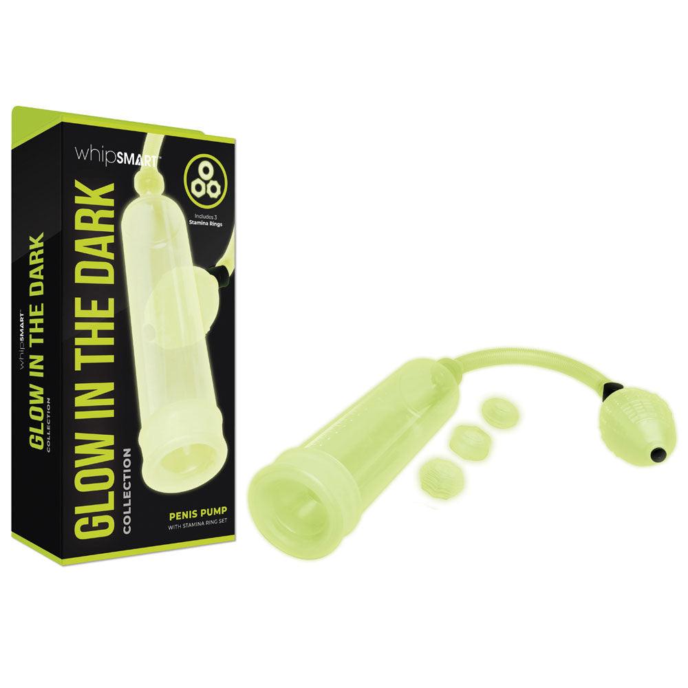 WhipSmart Glow In The Dark Penis Pump - With 3 Piece Cock Ring Set - WS1053