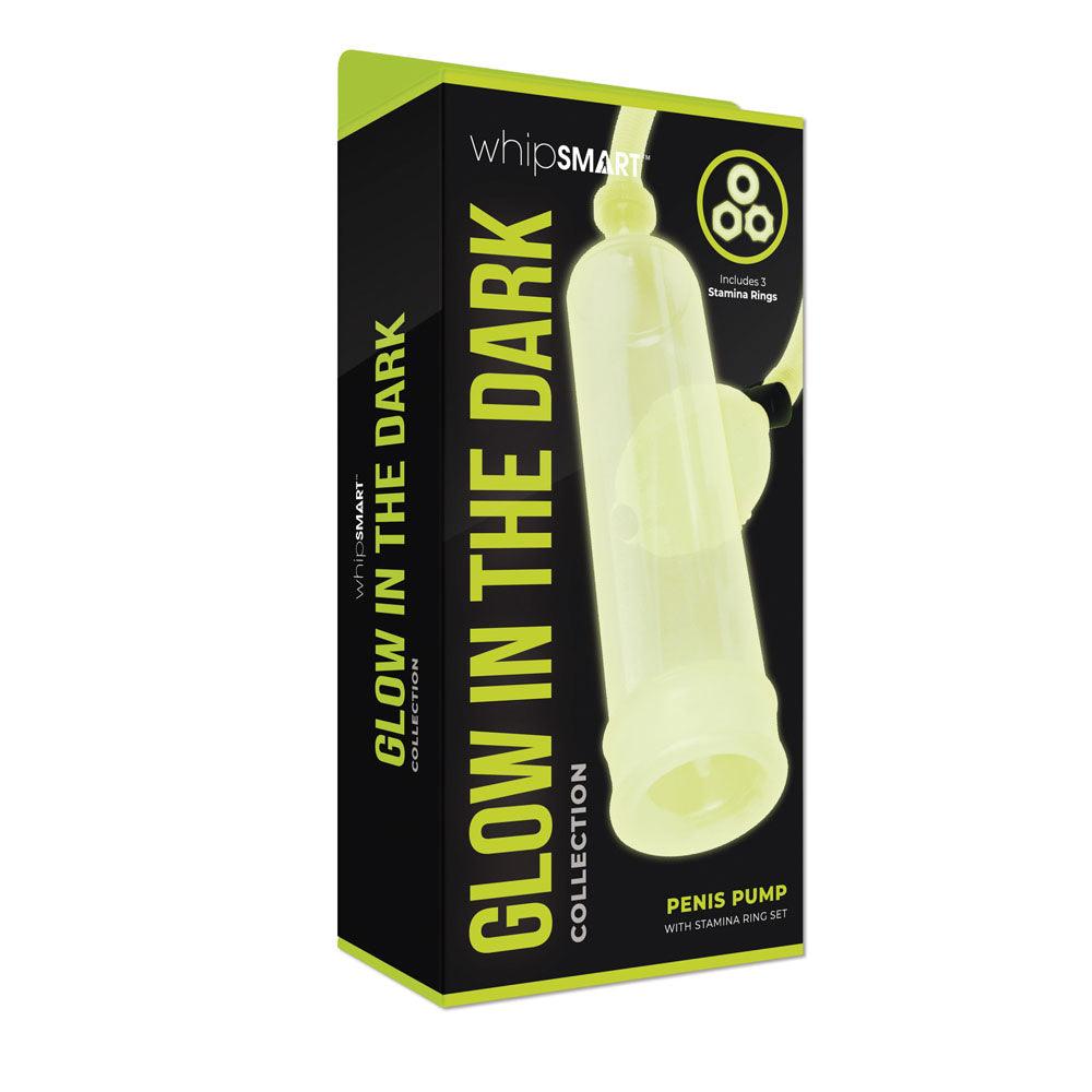 WhipSmart Glow In The Dark Penis Pump - With 3 Piece Cock Ring Set - WS1053