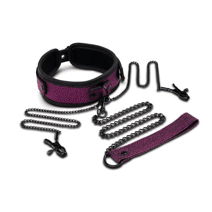 WhipSmart Dragons Lair Collar, Leash & Nipple Clips Set - Purple/Black Restraints - WS1068