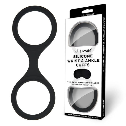 WhipSmart Silicone Wrist & Ankle Cuffs - Black - Black Restraints with Bonus Eye Mask - WS1501