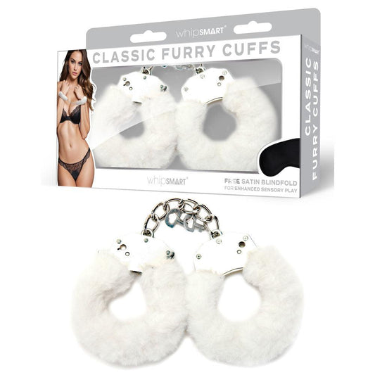 WhipSmart Classic Furry Cuffs - White - White Furry Restraints with Bonus Eye Mask - WS1503