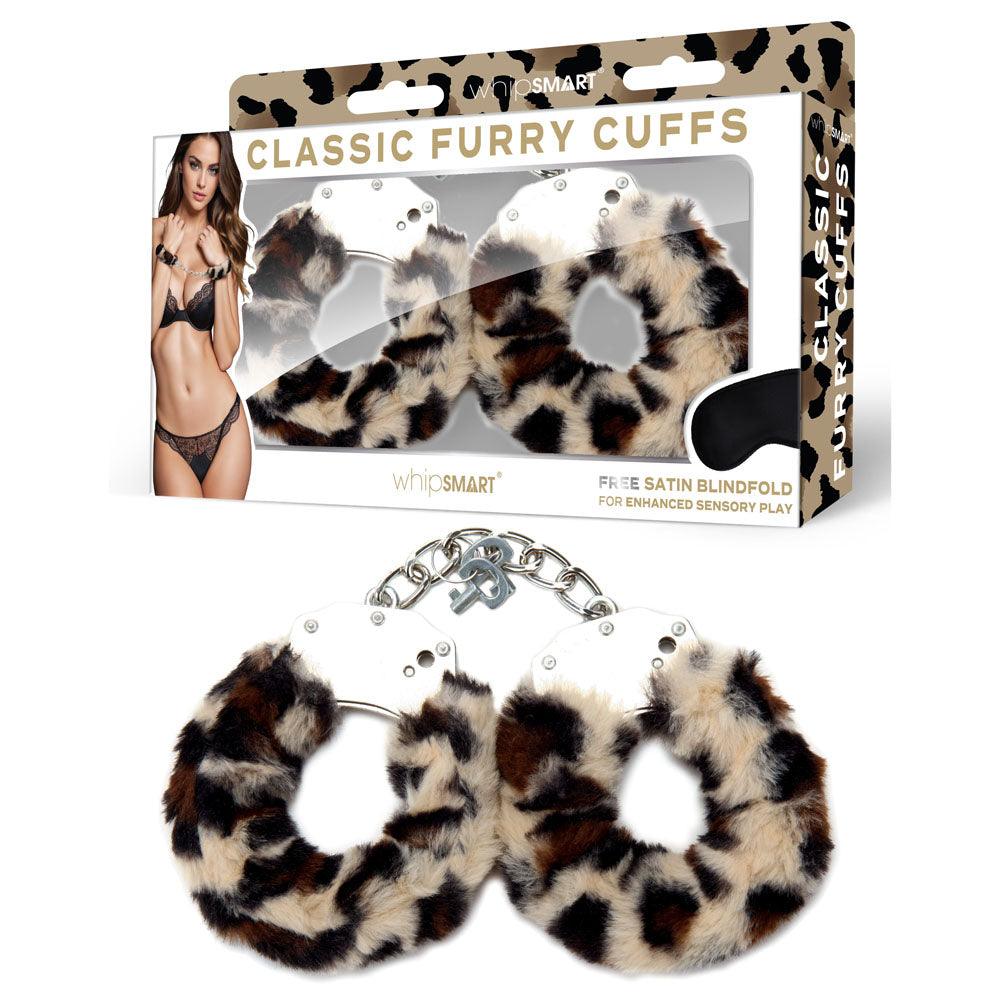 WhipSmart Classic Furry Cuffs - Leopard - Leopard Furry Restraints with Bonus Eye Mask - WS1504