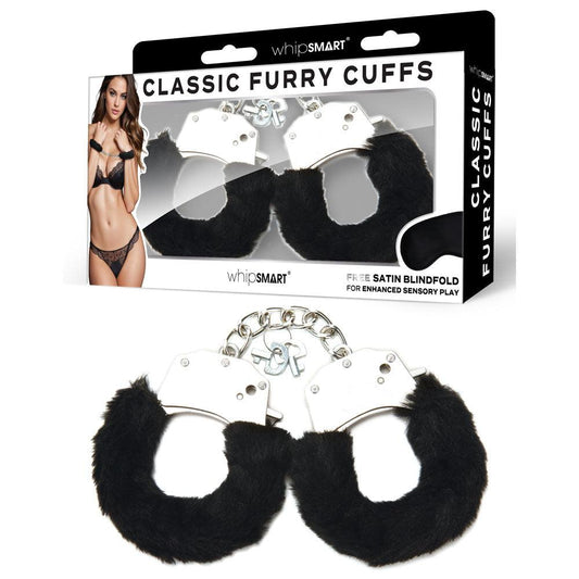 WhipSmart Classic Furry Cuffs - Black - Black Furry Restraints with Bonus Eye Mask - WS1505