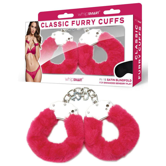 WhipSmart Classic Furry Cuffs - Hot Pink - Hot Pink Furry Restraints with Bonus Eye Mask - WS1506