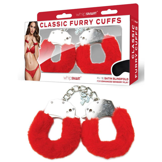 WhipSmart Classic Furry Cuffs - Red - Red Furry Restraints with Bonus Eye Mask - WS1507