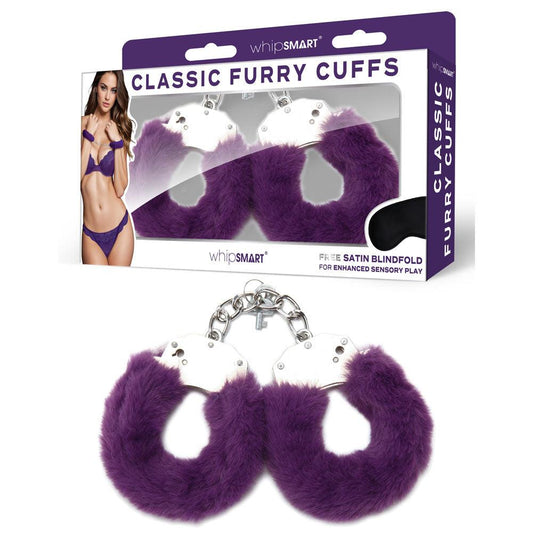 WhipSmart Classic Furry Cuffs - Purple - Purple Furry Restraints with Bonus Eye Mask - WS1508