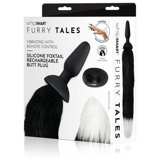 WhipSmart Furry Tales Silicone Foxtail Rechargeable Butt Plug - Black 9.5 cm Vibrating Butt Plug with Black Fox Tail & Remote Control - WS3505